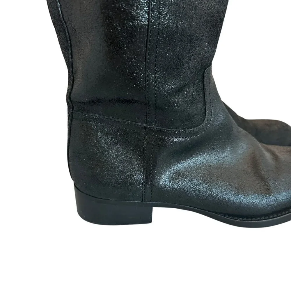 Tory Burch Kiernan Black Caviar Tumbled Leather Tall Riding Boots Size 9 Women's